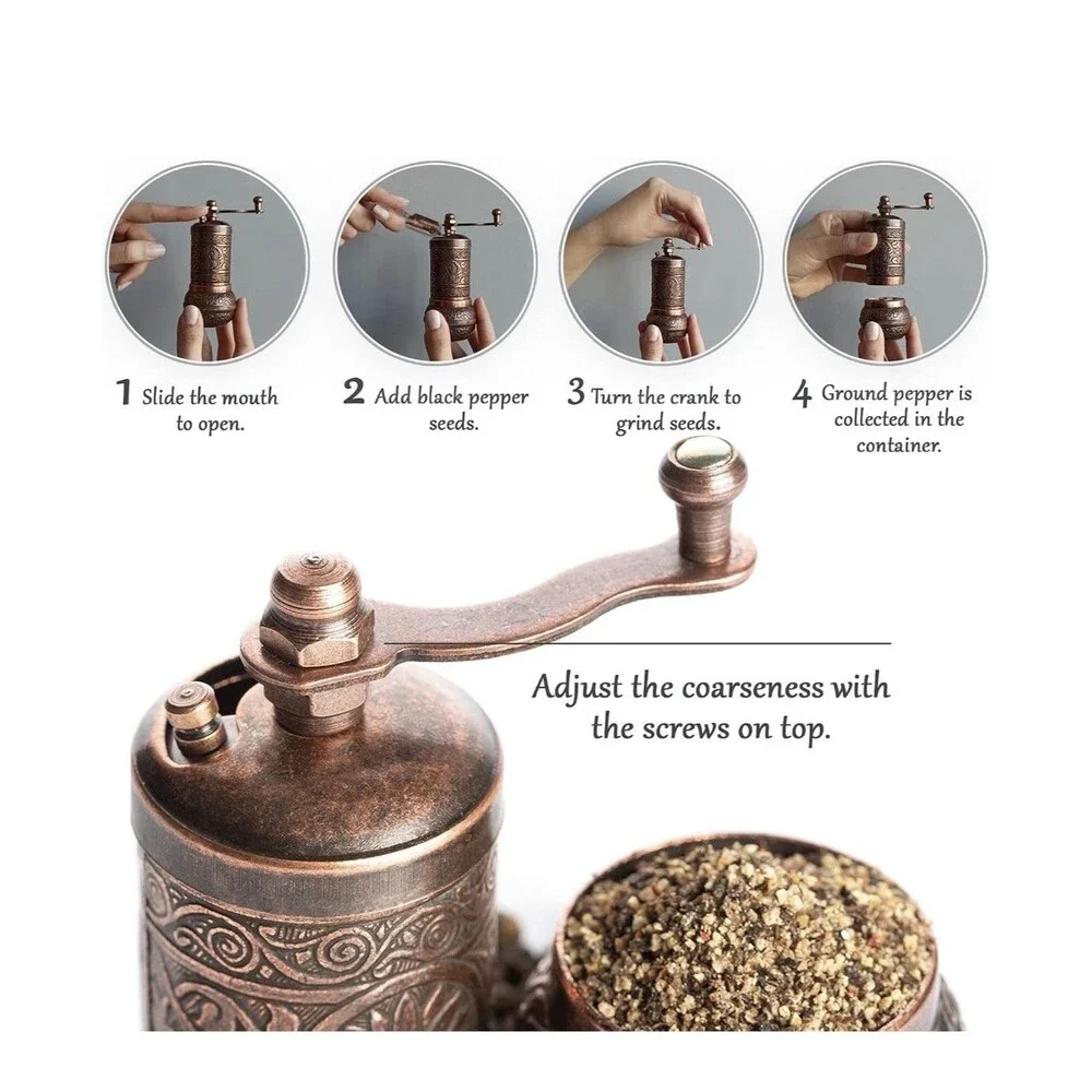 Crystalia Copper Pepper & Spice Hand Carved Ornate Grinder W Scoop Gift